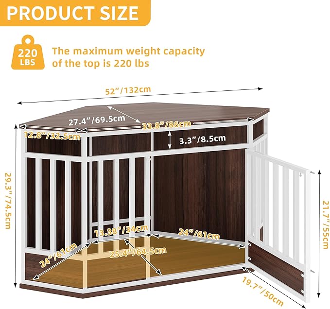 DWVO Corner Dog Crate Furniture, 52 Inch Heavy Duty Dog Kennel Indoor Furniture End Table Crate for Large Dogs, Modern Decorative Cage Wooden Dog Crate for Large Dogs, White Walnut