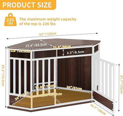 DWVO Corner Dog Crate Furniture, 52 Inch Heavy Duty Dog Kennel Indoor Furniture End Table Crate for Large Dogs, Modern Decorative Cage Wooden Dog Crate for Large Dogs, White Walnut