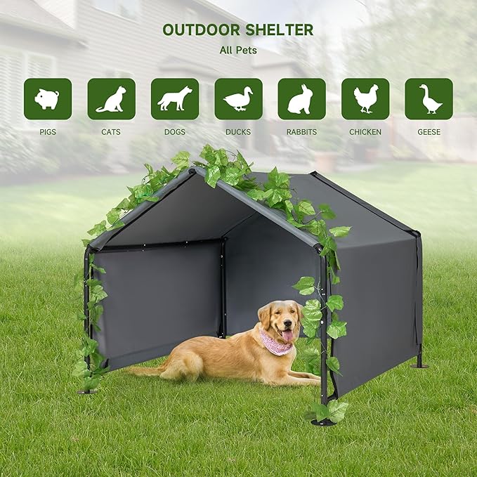 Large Dog Shade Shelter Outdoor Tent Dog House for Large Medium Dogs, Outside Sun Rain Canopy Pet House for Homeless Cats Pigs Livestock with Rainproof Cover with Artificial Grapevine Leaves