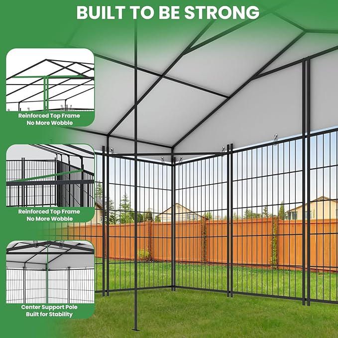 Outdoor Large Dog Kennel - 10 x 10 Covered Dog Kennels with Feeding Door and Double Lock, Welded Wire Dog Kennel, XL Outside Dog Cage for Large Dogs
