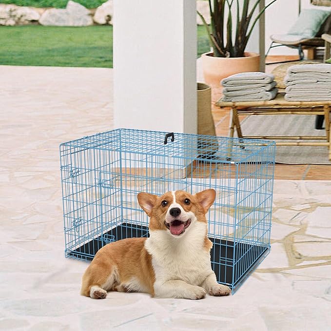 FDW 30 inch Dog Crate Dog Kennel Cage with Double Door Folding Metal Wire Dog Cage with Removable Tray&Divider Panel,Pet Crate for Medium Dogs,Blue