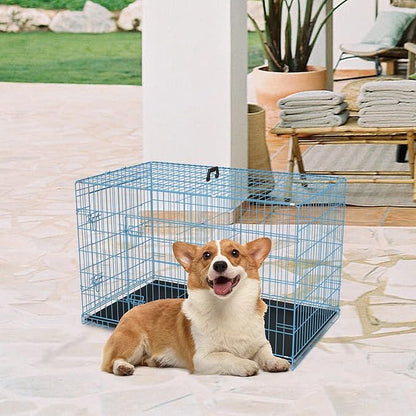 FDW 30 inch Dog Crate Dog Kennel Cage with Double Door Folding Metal Wire Dog Cage with Removable Tray&Divider Panel,Pet Crate for Medium Dogs,Blue