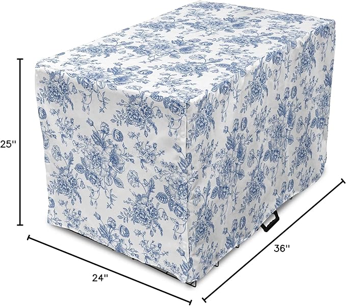 Lunarable Flowers Dog Crate Cover, Floral Themed Monochromatic Roses Peonies Bells Peas Bouquet Composition, Easy to Use Pet Kennel Cover for Medium Large Dogs, 36 Inch, White Blue