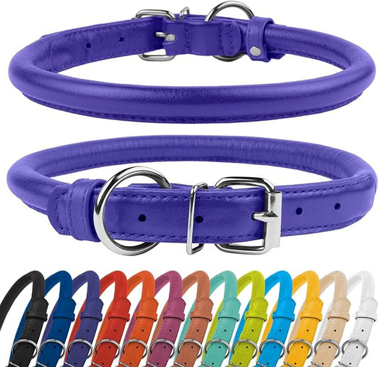 CollarDirect Rolled Leather Dog Collar, Soft Padded Round Puppy Collar, Handmade Genuine Leather Collar Dog Small Large Cat Collars 13 Colors (6-7 Inch, Purple Textured)