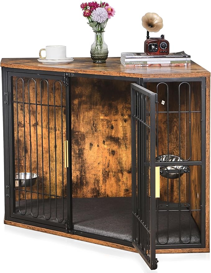 VECELO Corner Dog Crate Furniture, 43.3" Indoor Dog Kennel Indoor with Cushion & 2 Removable Trays, Wooden Dog Cage Decorative Pet House End Table for Large/Medium Dogs,Brown