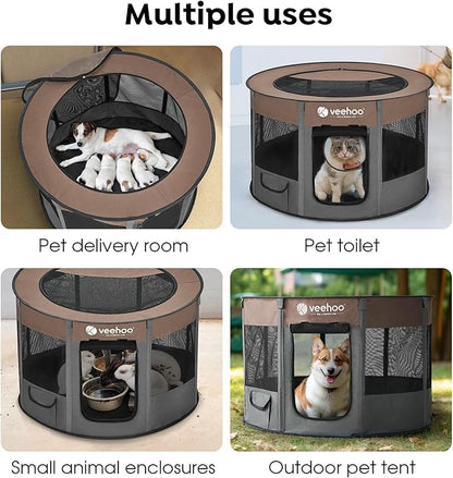 Veehoo Portable Puppy Playpen, Pet Kitten Playpen for Indoor Portable PopUp Dog Kennel Foldable Playpen Outdoor Tent Crate with Carrying Case for Kitten Puppy Small Animal,Coffee 35.8"Lx35.8"Wx22.8"Th