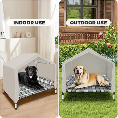 Elevated Dog Pet Bed House - Weatherproof 2-in-1 Indoor Outdoor Pet Cot with Canopy Cooling Portable Raised Dog Bed with Pillow for Camping Beach (DMHK-22)