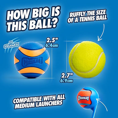 Chuckit! Ultra Squeaker Ball Dog Toy for Medium Breeds - Bouncy Squeaky Fetch Balls for Dogs - Floating Water Pet Toys - Durable Rubber - Size Medium - 2.5" Diameter - Pack of 2