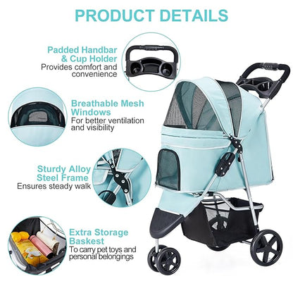 Pet Stroller for Medium Small Dogs and Cats, Folding Puppy Stroller Dog Cat Cage Jogger Stroller with Cup Holder and Storage Basket, 3 Wheels, Light Blue