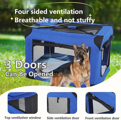 FDW 42 Inch Soft Collapsible Dog Crate 3-Door Open Dog Kennel with Mesh Window Portable Travel Pet Crate Indoor & Outdoor Pet Home, Blue