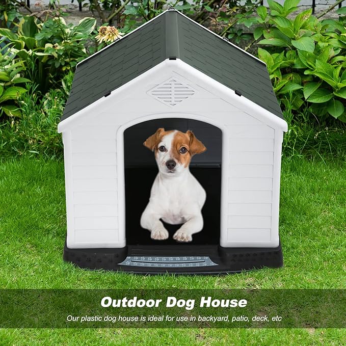 FDW Dog House Indoor Outdoor Durable Ventilate Waterproof Pet Plastic Dog House for Small Medium Large Dogs Insulated Puppy Shelter Kennel Crate with Air Vents and Elevated Floor