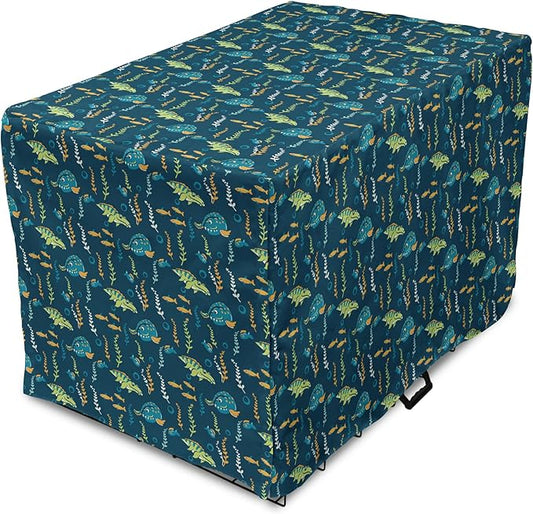 Lunarable Jurassic Dog Crate Cover, Evolution Marine Dinosaurs and Nautical Foliage Animal, Easy to Use Pet Kennel Cover for Small Dogs Puppies Kittens, 18 Inch, Petrol Blue Pale Green