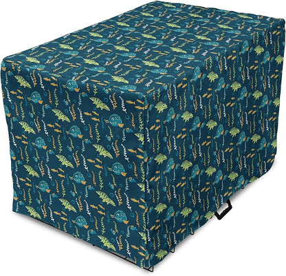 Lunarable Jurassic Dog Crate Cover, Evolution Marine Dinosaurs and Nautical Foliage Animal, Easy to Use Pet Kennel Cover for Cats & Medium Dogs, 24 Inch, Petrol Blue Pale Green