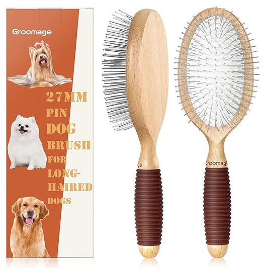 Dog Brush, Pin Brush for Dogs, 27mm Extra Long Pin Brush, Dog Grooming Brush for Shedding, Dog Brush for Long Haired Dogs - Beech Wood Material, Non-Slip Rubber Handle, Round-Tipped Pins