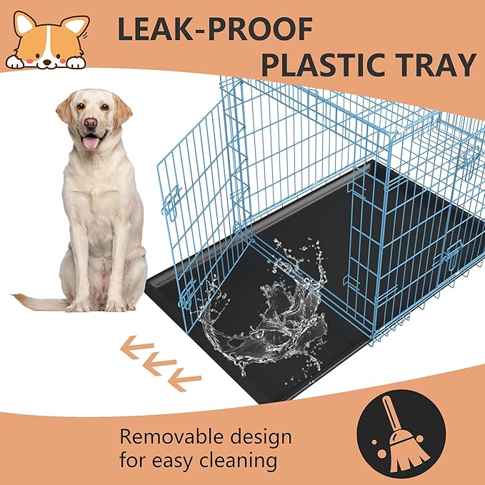 FDW XL Dog Crate Dog Kennel Cage with Double Door,42 inch Folding Metal Wire Dog Cage with Removable Tray&Divider Panel,Pet Crate for Medium Large Dogs,Blue