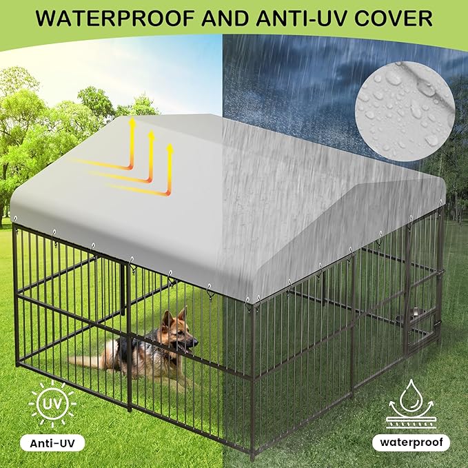 Large Outdoor Dog Kennel, Heavy Duty Dog Cage with Roof, Dog Kennel Galvanized Iron Dog House with Safety Locks,UV & Water Resistant Proof Cover, for Garden Backyard Black (10x10x6FT)