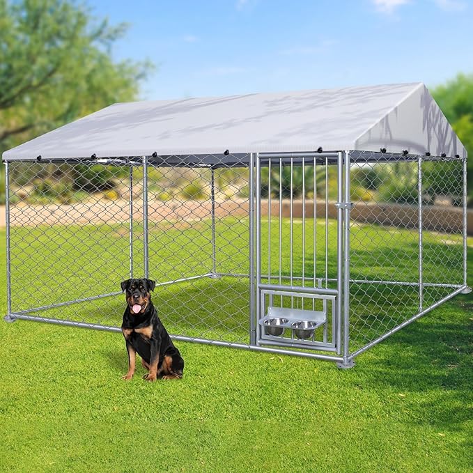 Rovibek Dog Kennel Outside, Outdoor Dog Kennel with Roof, 10'×10' Puppy Enclosure Outside, Out-Side with 2 Stainless Steel Bowls and Waterproof Sun-Proof Cover