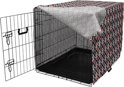 Lunarable Casino Dog Crate Cover, with Geometrical Design and Mosaic Composition Gamblers Club, Easy to Use Pet Kennel Cover for Medium Large Dogs, 36 Inch, Black Red Grey