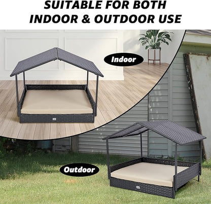 NATURAL EXPRESSIONS 2-in-1 Wicker Dog House,Elevated Dog Bed for Indoor/Outdoor with Removable Canopy,Large Dog House with Raised Pet Cot Cool, Breathable, Shade, waterrproof with Non-Slip Feet
