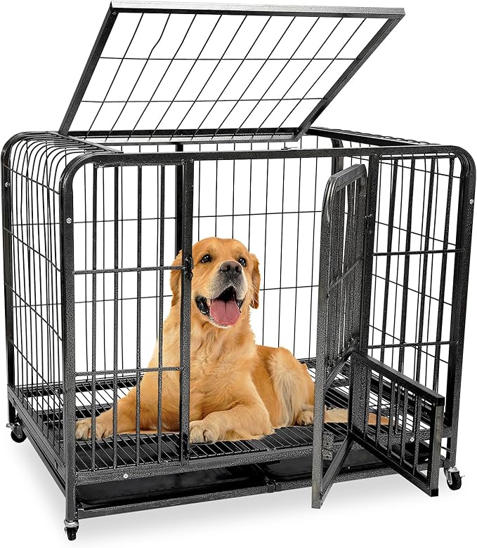 43.3inch Indestructible Metal Dog Crates for Large Dogs, Heavy Duty Escape Proof Dog Kennel Indoor Extra Large Dog Crate with Lockable Wheels, XL Dog Crate 43.3" L x 28.3" W x 37.8" H”