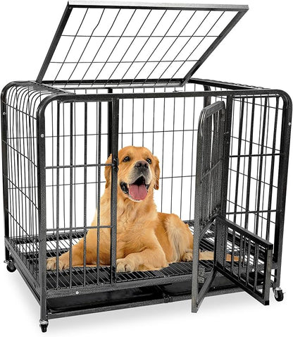 43.3inch Indestructible Metal Dog Crates for Large Dogs, Heavy Duty Escape Proof Dog Kennel Indoor Extra Large Dog Crate with Lockable Wheels, XL Dog Crate 43.3" L x 28.3" W x 37.8" H”