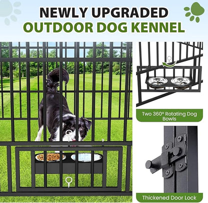 Rovibek Outdoor Dog Kennel with Roof, Dog Kennel Outside with 3 Sides Sun-Proof Cover, Large Outdoor Dog Playpen, Dog Run Enclosure with 2 Rotating Bowl for Small Medium Large Dogs