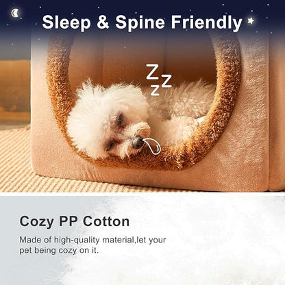 JIUPETY Cute Small Dog House Indoor, Foldable House Kennel Bed Mat with Cushion, L Size Tent Up to 30 Lbs, Dog Cave Bed with Non-Slip Bottom, Brown