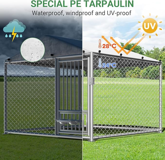 Rovibek 6.7'×6.7' Outdoor Dog Kennel with Roof, Outside Dog Kennel with Waterproof Sunproof Cover, Dog Kennels Outdoor and Enclosure with 2 Stainless Steel Bowls