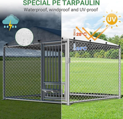 Rovibek 6.7'×6.7' Outdoor Dog Kennel with Roof, Outside Dog Kennel with Waterproof Sunproof Cover, Dog Kennels Outdoor and Enclosure with 2 Stainless Steel Bowls