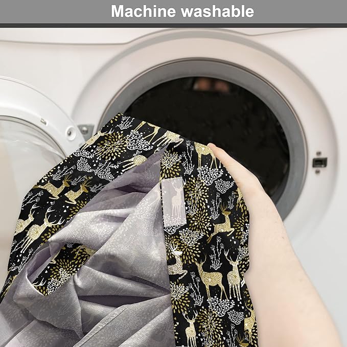 Ambesonne Christmas Dog Crate Cover, Nature Woodland and Deer Silhouettes with Oriental Ornaments Design, Easy to Use Pet Kennel Cover for Small Dogs Puppies Kittens, 22 Inch, Yellow White Black