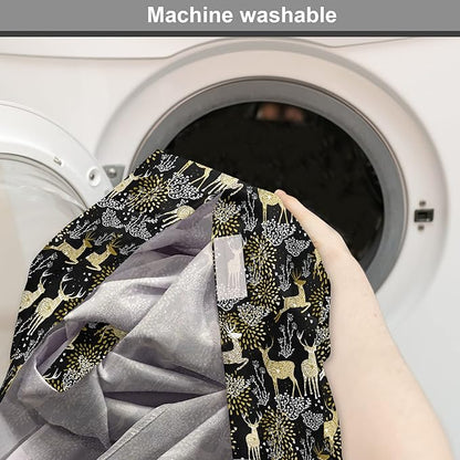 Ambesonne Christmas Dog Crate Cover, Nature Woodland and Deer Silhouettes with Oriental Ornaments Design, Easy to Use Pet Kennel Cover for Medium Large Dogs, 42 Inch, Yellow White Black