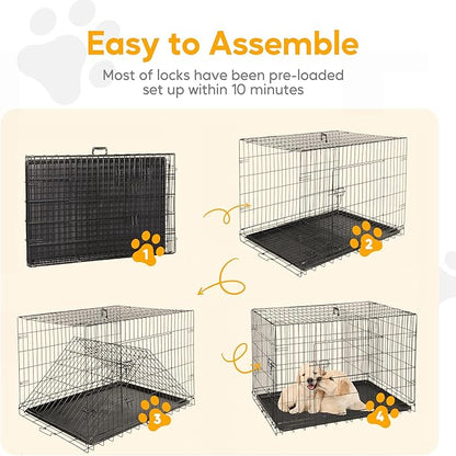 HealSmart 24" Small Dog Crate with Divider, Portable Pet Kennel, Double Door Folding Metal Wire Cage with Leak-Proof Plastic Tray, Indoor, Outdoor and Travel, Black