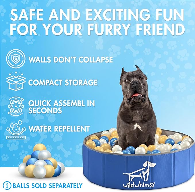 Wild Whimsy Dog Ball Pit - Combo Pack 32" Inch Small Foldable Ball Pit for Dogs with Rope Tug Ball Toy -Indoor Outdoor Playpen with Metal Reinforcement Ring - Storage Case Included