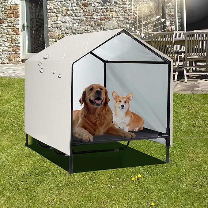 Outdoor Indoor Dog House for Large XL XXL Jumbo Dogs | XLarge Raised Elevated Dog Bed Cot with Canopy, Waterproof & Sunproof Outside Outdoor Dog Shade Shelter Tent (52" x 34" x 38")