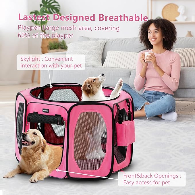 Dog Playpen, Cat Dog Crate Portable Pet Exercise Cage Kennel House Puppy Playpen Animal Playpen Indoor/Outdoor, Water-Resistant Kennel Tent with Traveling Bag (Pink, Large)