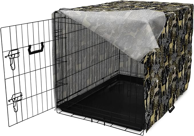 Ambesonne Christmas Dog Crate Cover, Nature Woodland and Deer Silhouettes with Oriental Ornaments Design, Easy to Use Pet Kennel Cover for Medium Large Dogs, 42 Inch, Yellow White Black