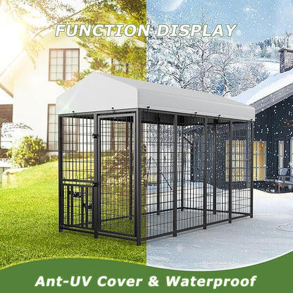 ROOMTEC Large Dog Kennel Outdoor Pet Pens Dogs Run Enclosure Animal Hutch Metal Coop Fence with Roof Cover (8'L x 4'W x 5.6'H)