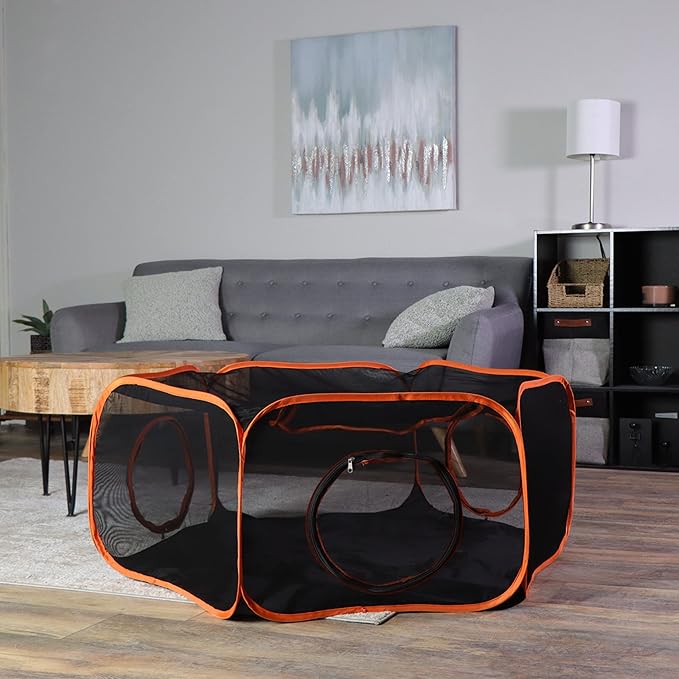 MiMu Dog Playpen Indoor Outdoor 4 Foot Cat Tent with Exercise Tunnel - Orange Pop Up Travel Playpen for Puppies, Kittens, Rabbits, Guinea Pigs, and Small Pets - Portable Enclosed Mesh Pen with Case