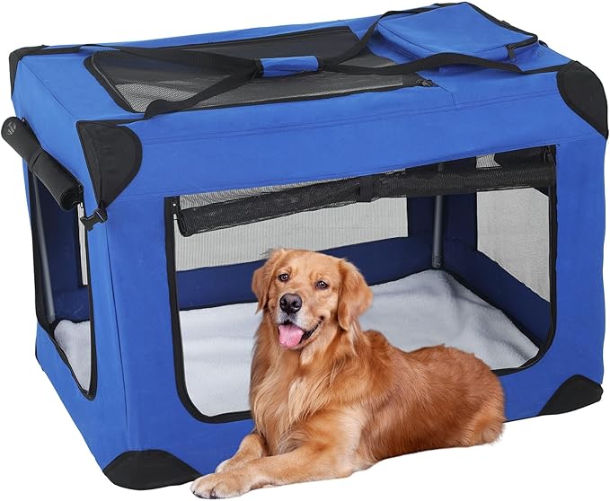 FDW 42 Inch Soft Collapsible Dog Crate 3-Door Open Dog Kennel with Mesh Window Portable Travel Pet Crate Indoor & Outdoor Pet Home, Blue