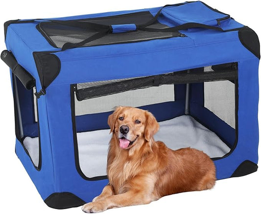 FDW 42 Inch Soft Collapsible Dog Crate 3-Door Open Dog Kennel with Mesh Window Portable Travel Pet Crate Indoor & Outdoor Pet Home, Blue