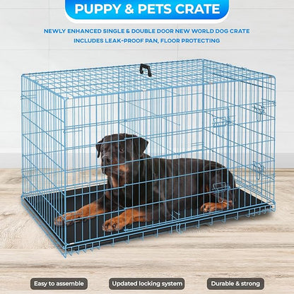 FDW Dog Crate for Large Dogs 48 Inch Folding Metal WirePet Cage Double Door W/Divider Panel Indoor Outdoor Kennel Leak-Proof Plastic Tray,Blue