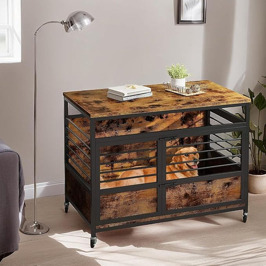 YITAHOME 39" Dog Crate Furniture with Wheels, Farmhouse Decorative Wood Dog Cage End Table Chew-Resistant Wooden Dog Kennel Indoor for Small Dogs, Rustic Brown