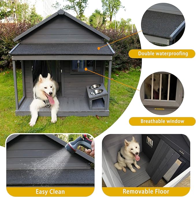 YOTPO Large Outdoor Fir Wood Dog House with Spacious Terrace,Breathable Window&2 Feeding Stainless Bowls,Dog Kennel W/Solid Asphalt Roof&Removable Floor,Dog Cage W/Resting Porch for Large Dogs,Gray