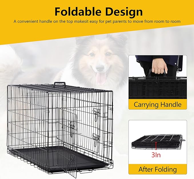 24/7 Shop at Home Gossamer Metal Double Door Folding Wire Pet Crate with Divider, Removable Tray, and Handle for Outdoor and Indoor Medium Dog, 48-inch, Black