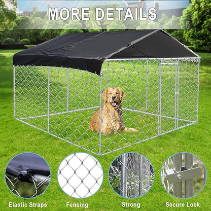 Large Dog Kennel 9.8X9.8FT, Large Outdoor Dog Kennel Heavy Duty Dog Cage with Waterproof UV-Resistant Cover Roof, Large Dog House Pen Enclosure, Silver