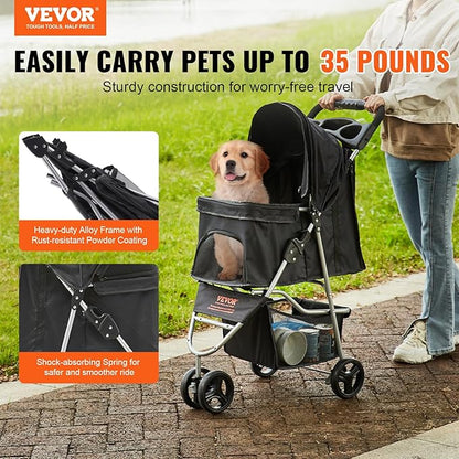 VEVOR Pet Stroller for Dogs and Cats up to 35lbs, 3 Wheels Folding Dog Cat Stroller for Medium Small Dogs, Portable Lightweigh Puppy Doggy Doggie Jogging Stroller with Storage Basket and Cup Holder