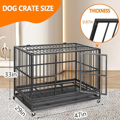48 inch Heavy Duty Dog Crate, Indestructible Dog Crates for Large Dogs, Cage Kennel with Wheels&Brakes, Sturdy Locks Design, Double Door and Removable Tray, for Medium & Large Pets