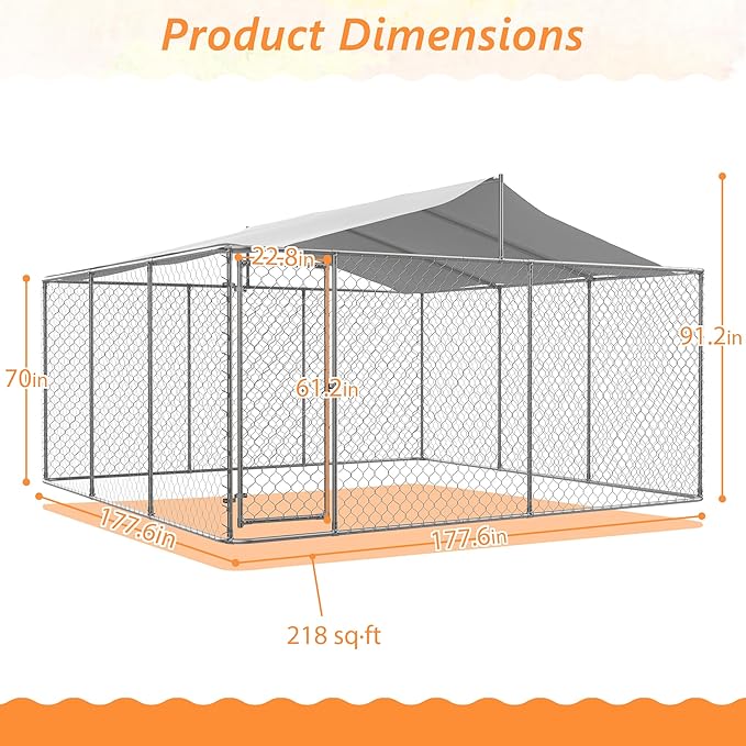 Outdoor Dog Enclosure Heavy Duty Dog Kennel House Mesh Outside Galvanized Chain Link Dog Run with Roof,Dog Cage Large Dogs Dog Pen Pet Kennel W/Waterproof Anti-UV Cover&Secure Lock for Large Dog