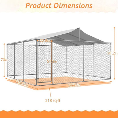 Outdoor Dog Enclosure Heavy Duty Dog Kennel House Mesh Outside Galvanized Chain Link Dog Run with Roof,Dog Cage Large Dogs Dog Pen Pet Kennel W/Waterproof Anti-UV Cover&Secure Lock for Large Dog