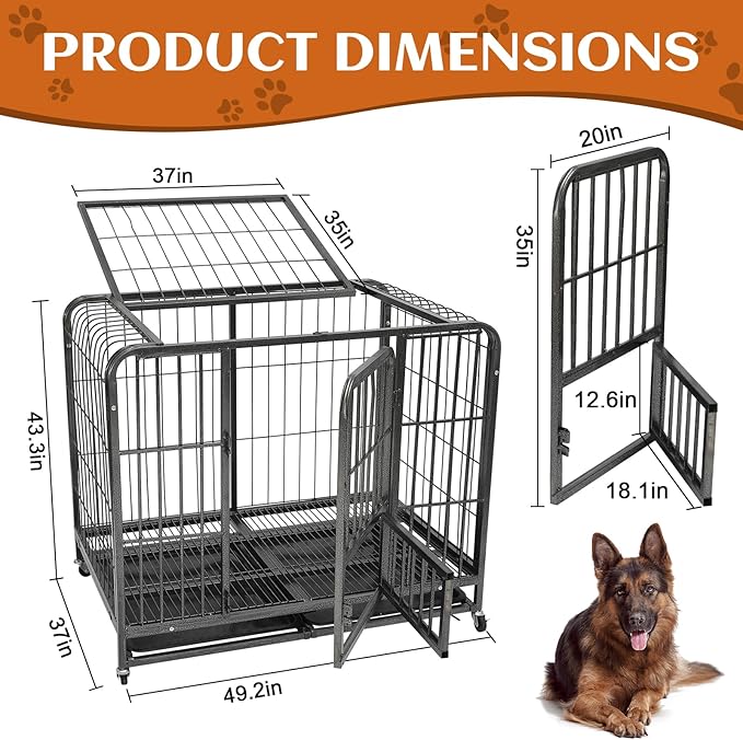 49.2Inch Indestructible Metal Dog Crates for Large Dogs, Heavy Duty Escape Proof Dog Kennel Indoor Extra Large Dog Crate with Lockable Wheels, XXL Dog Crate 49.2" L x 37" W x 43.3" H